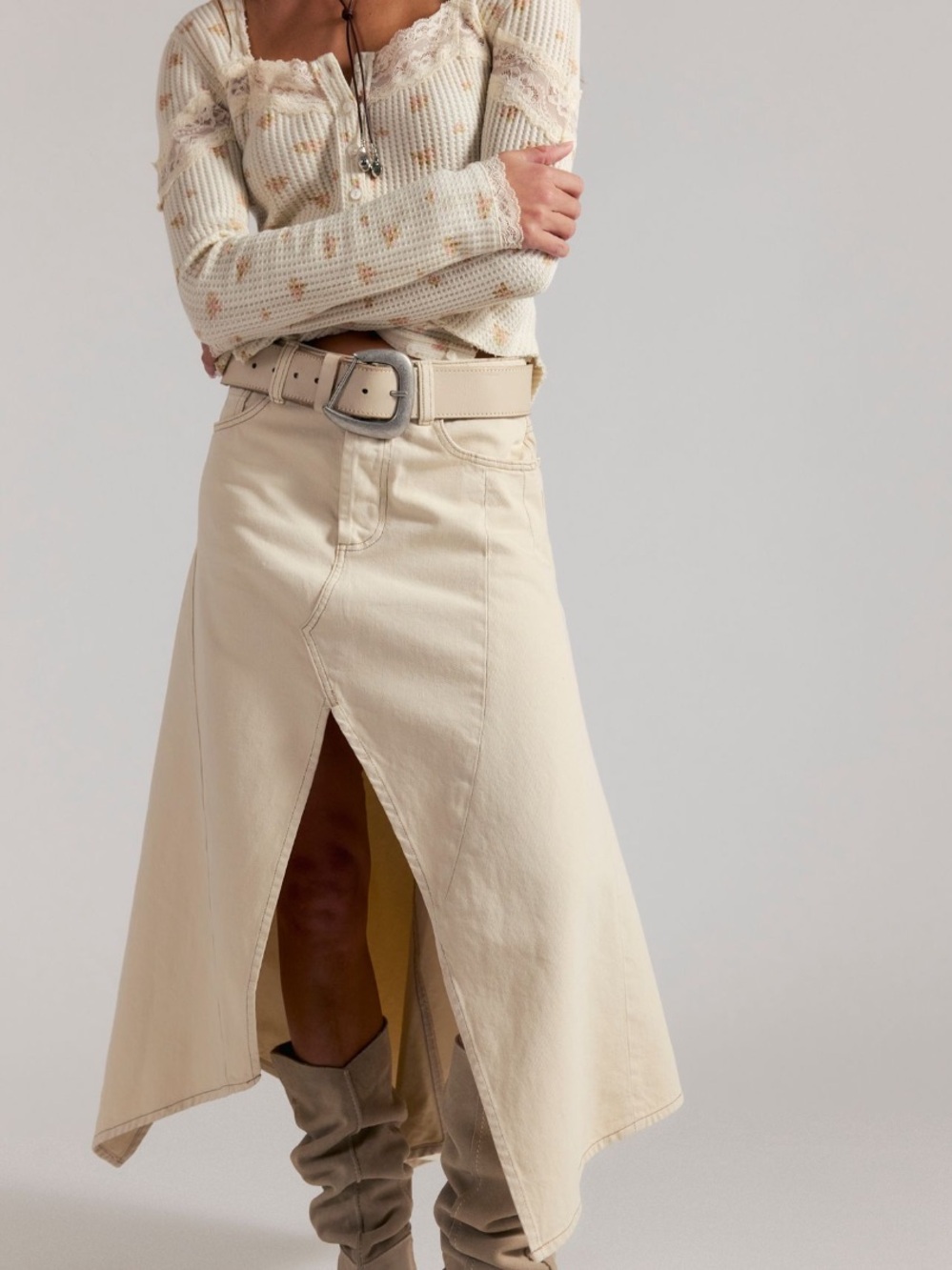 We The Free Cream  Denim Handkerchief-Hem A-Line Skirt